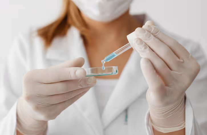 Laboratory technician pipetting a liquid sample into a petri dish as part of AQUALAB lab services for precise water activity analysis