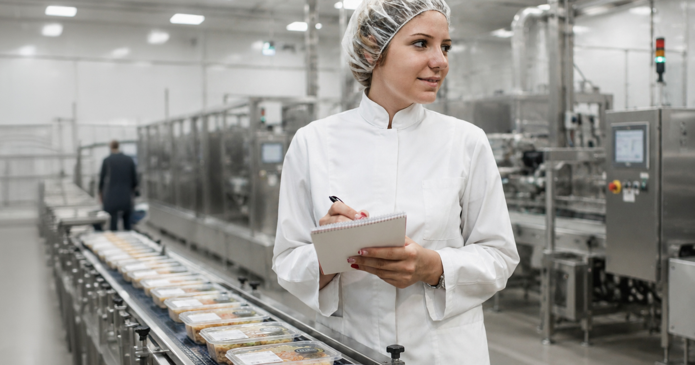 Food safety consultant inspecting packaged food products on a manufacturing line — AQUALAB moisture management guide