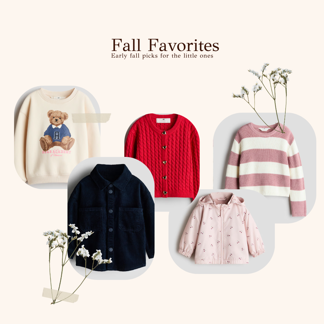 H&M kids fall favorites collage: teddy bear sweatshirt, red heart cardigan, pink striped sweater, navy corduroy overshirt and cherry jacket