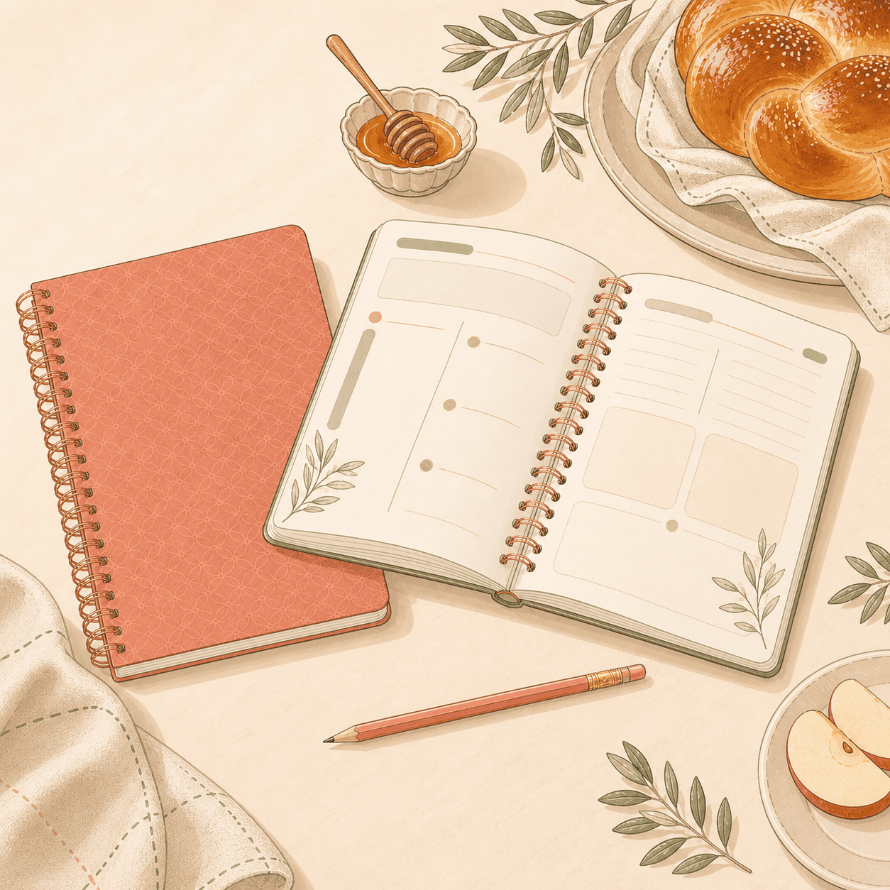 Open Yom Tov planner with checklist and menu pages, honey, apple and challah on a table