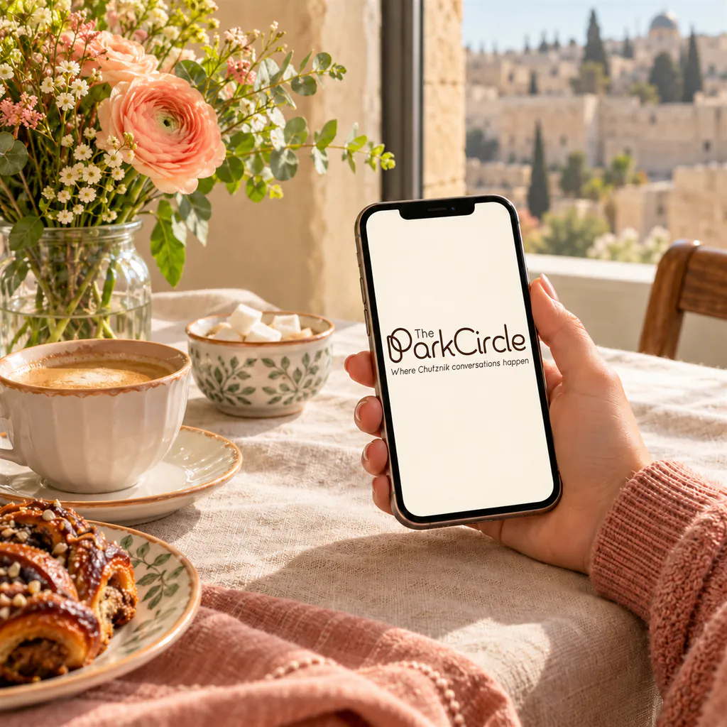 A hand holding a phone showing The Park Circle logo, next to coffee and flowers on a table overlooking Jerusalem