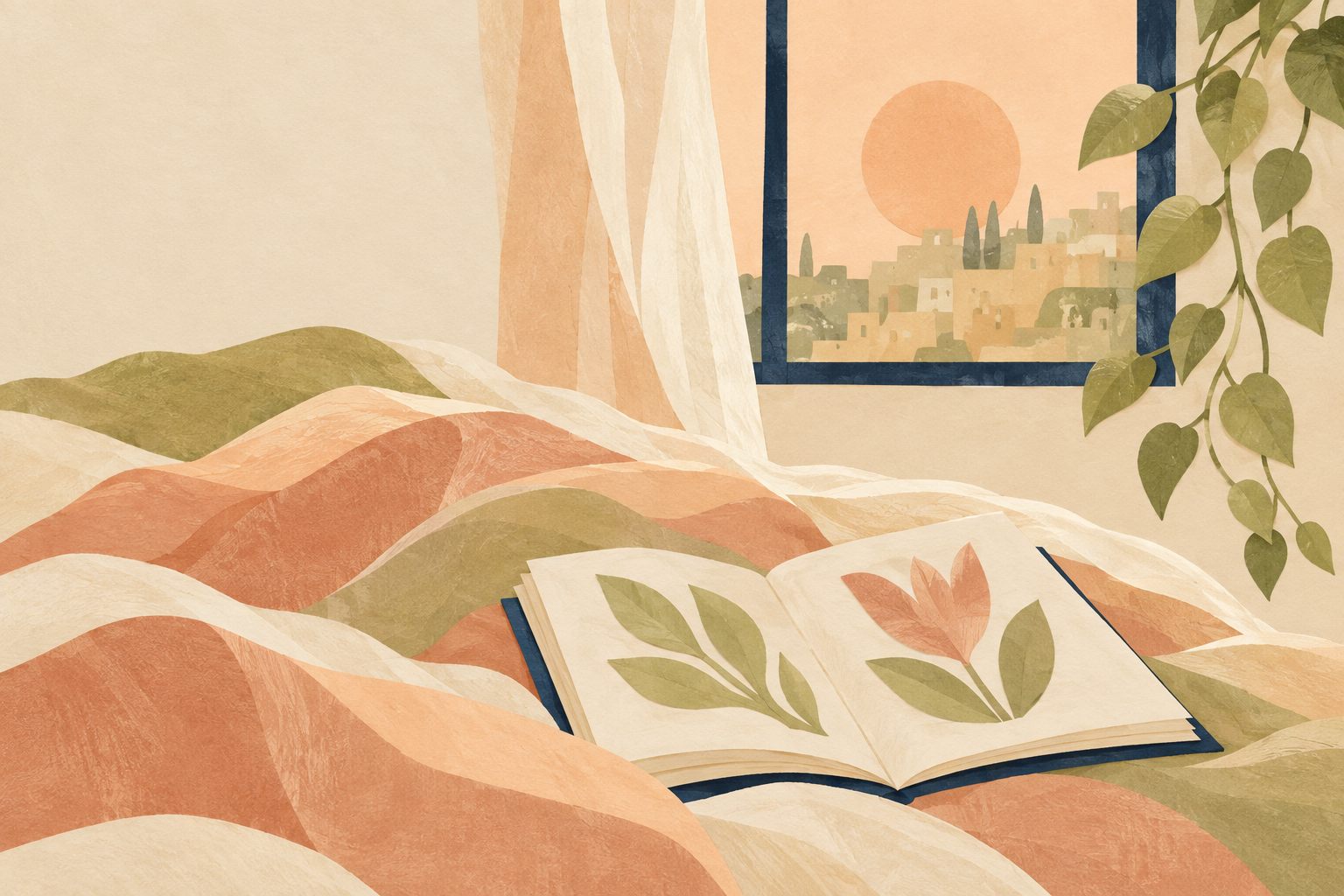 Illustration of an open picture book on a rumpled blanket by a sunny window