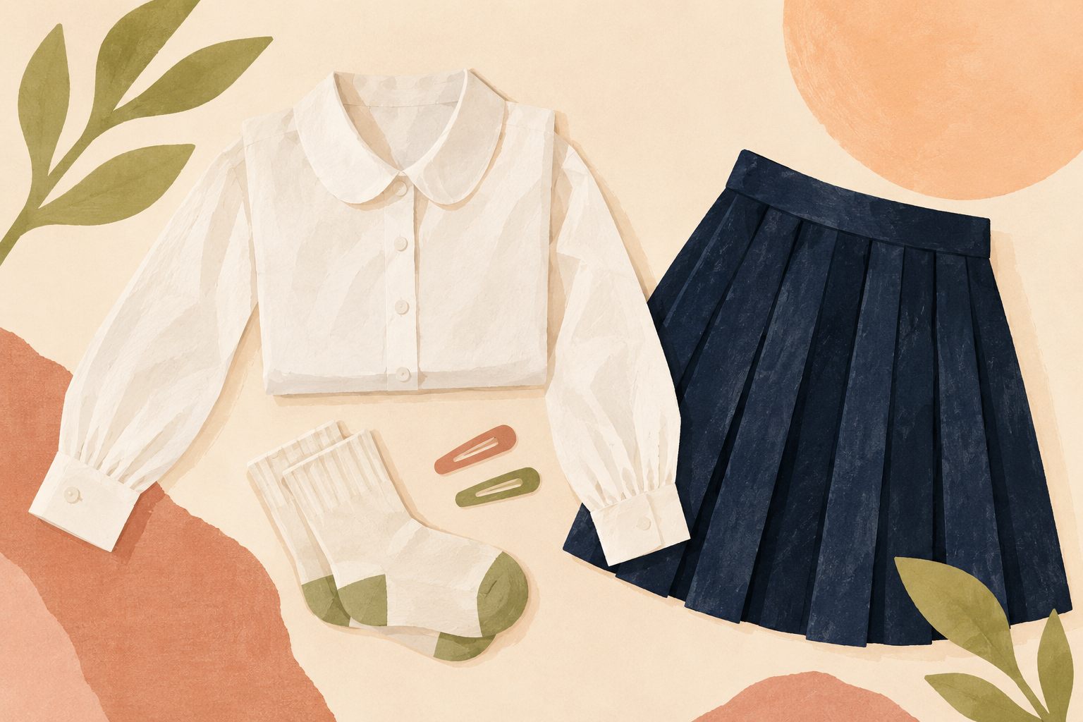 Illustration of a school outfit laid out: white long-sleeve blouse, navy pleated skirt, socks and hair clips
