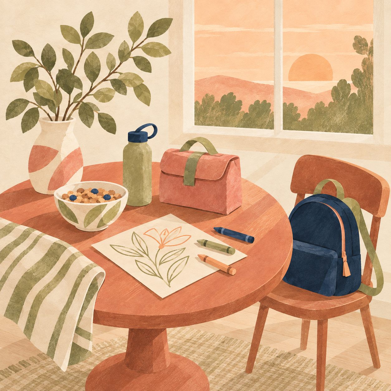 Illustration of a school-morning kitchen table with cereal, a water bottle, a lunch bag, a coloring page and a backpack on a chair