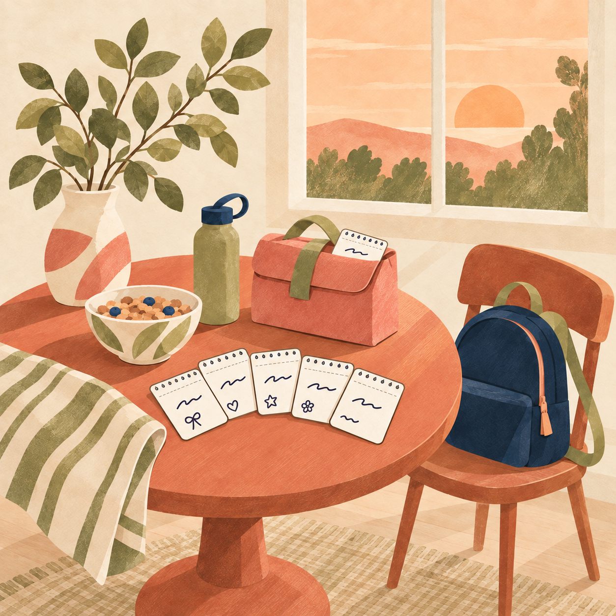 Illustration of printable lunchbox notes fanned out on a kitchen table next to a lunch bag, cereal bowl, water bottle and backpack