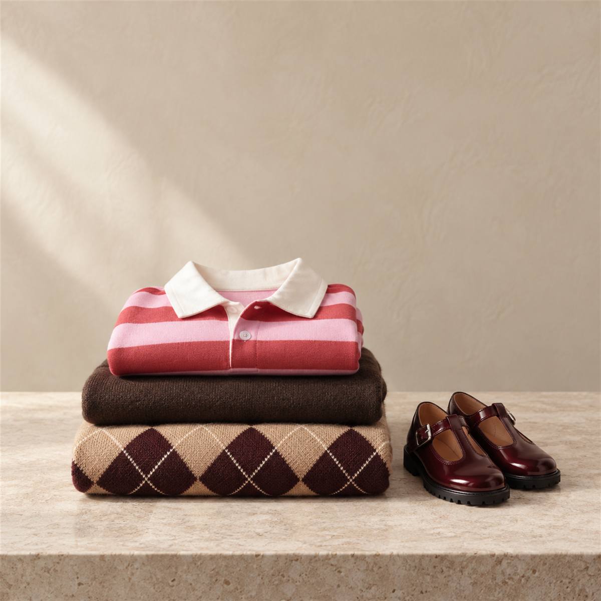 A folded stack of an argyle sweater, a brown knit and a pink striped child's polo beside small burgundy T-strap shoes