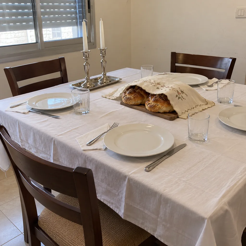An everyday Shabbos table with white plates, paper napkins, covered challahs and two silver candlesticks in an apartment dining corner.