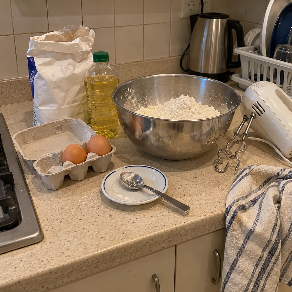 Flour, eggs, oil, a mixing bowl and a hand mixer laid out on a small kitchen counter.