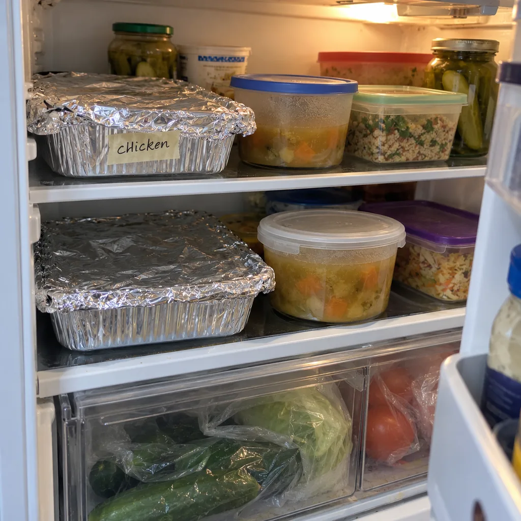 A refrigerator filled with covered foil pans, soup and mismatched food containers prepared for Shabbos.