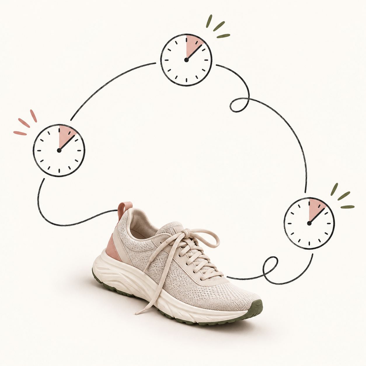 A walking shoe with three 10-minute clocks