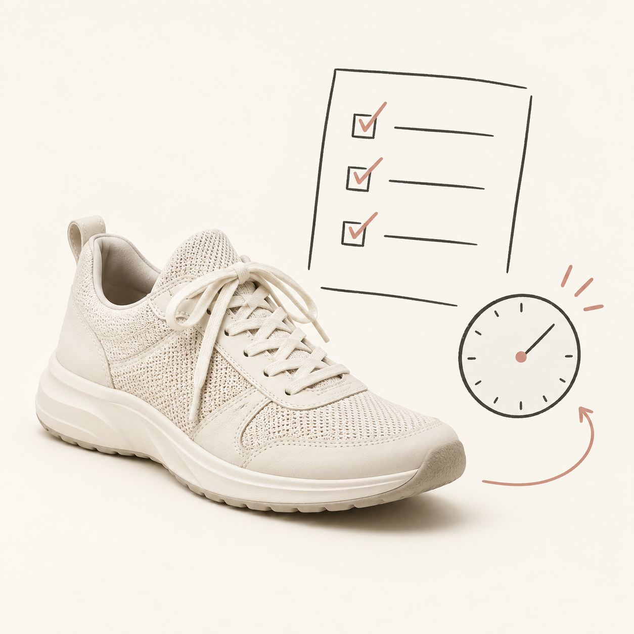 A walking shoe beside a checked-off to-do list and a clock