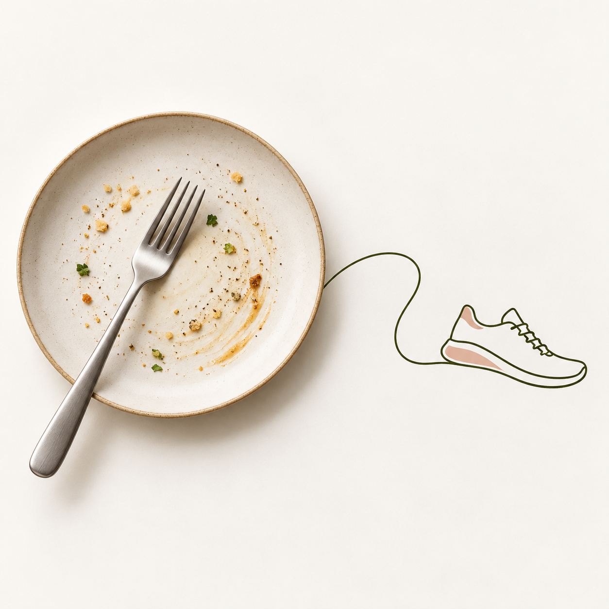 An empty dinner plate with a line leading to a walking shoe