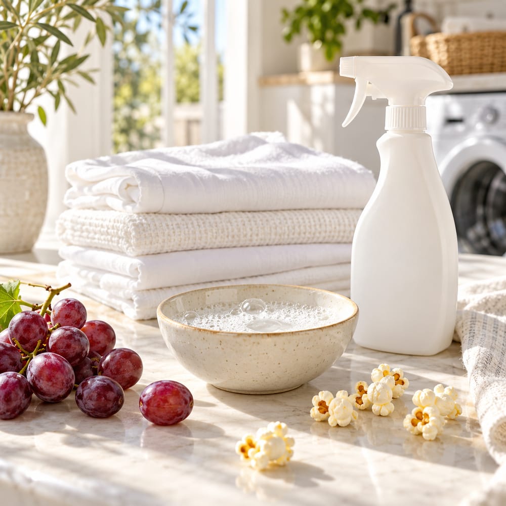 A spray bottle, a soaking bowl, grapes and popcorn beside folded white laundry