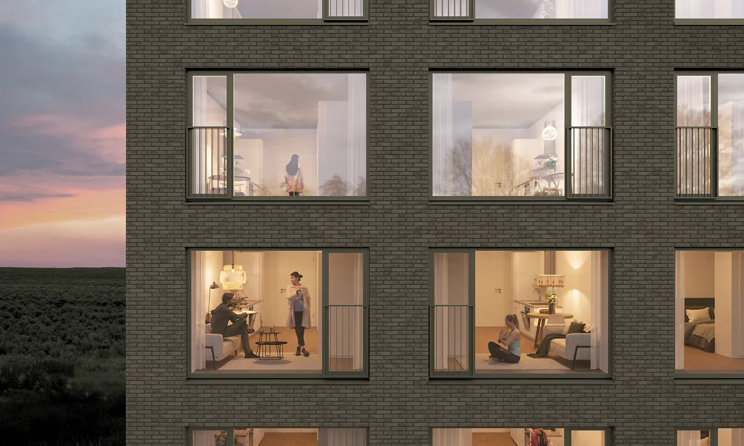 Buitenzijde van een modern bakstenen appartementencomplex in de schemering, met verlichte woningen en bewoners zichtbaar door grote ramen.