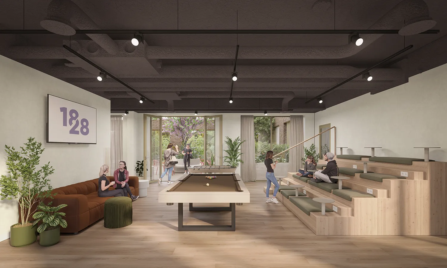 Gezamenlijke binnenruimte met een pooltafel, zittrappen, banken, planten en mensen die samenkomen in een modern woongebouw.