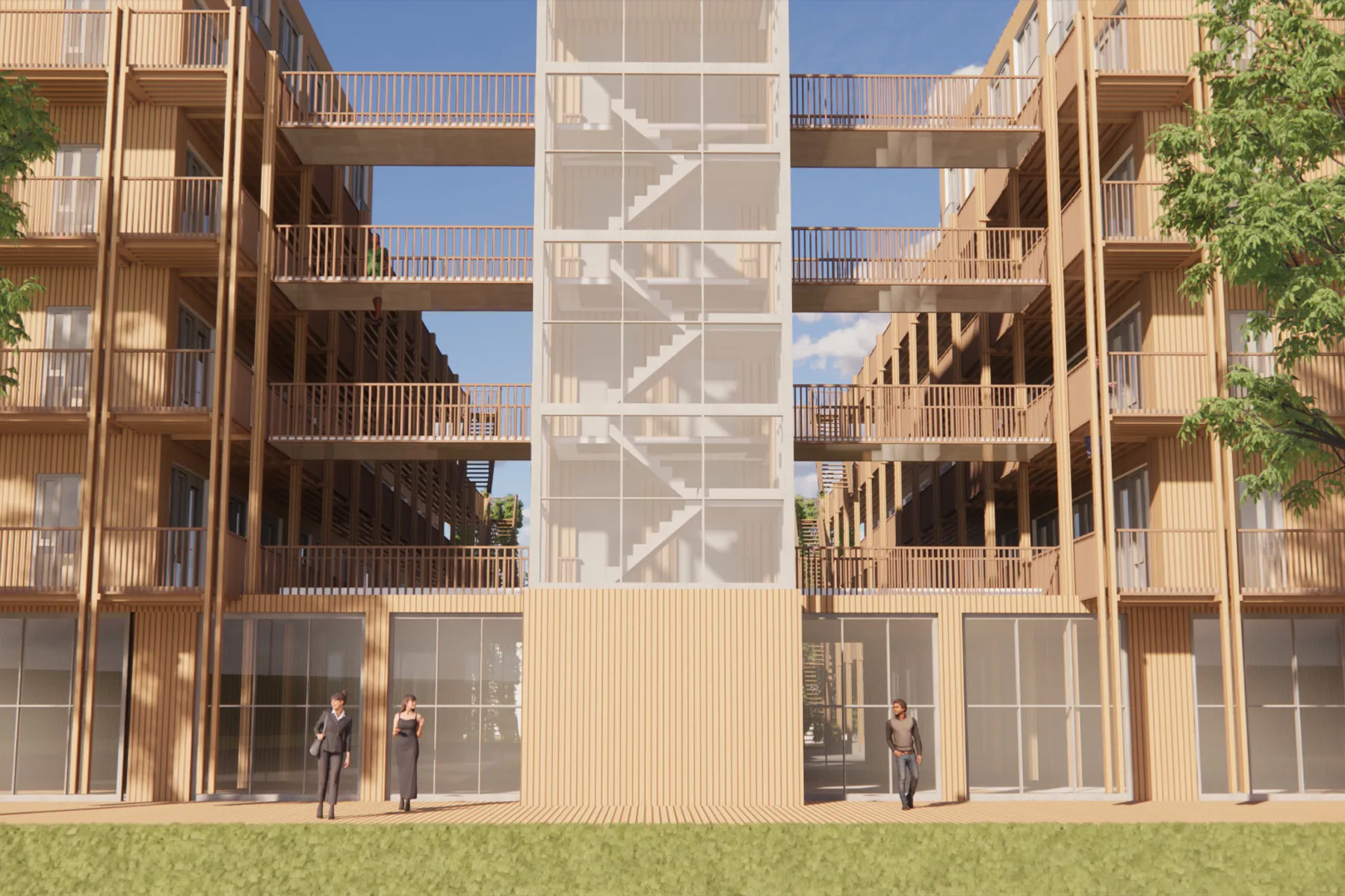 Vooraanzicht van een modern wooncomplex met open galerijen en een centrale glazen trappenkern, waar bewoners zich door gedeelde looproutes bewegen en elkaar ontmoeten op de begane grond.