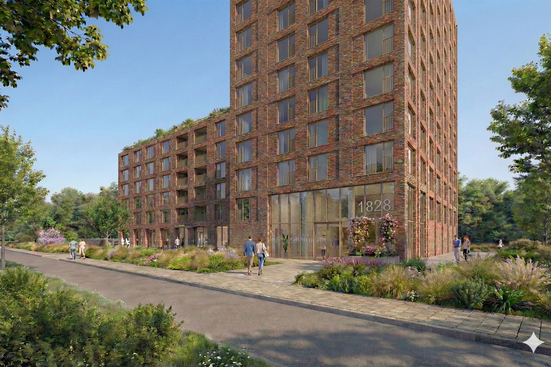 Modern bakstenen colivinggebouw in Zoetermeer, omgeven door groen, met jonge bewoners die buiten lopen.