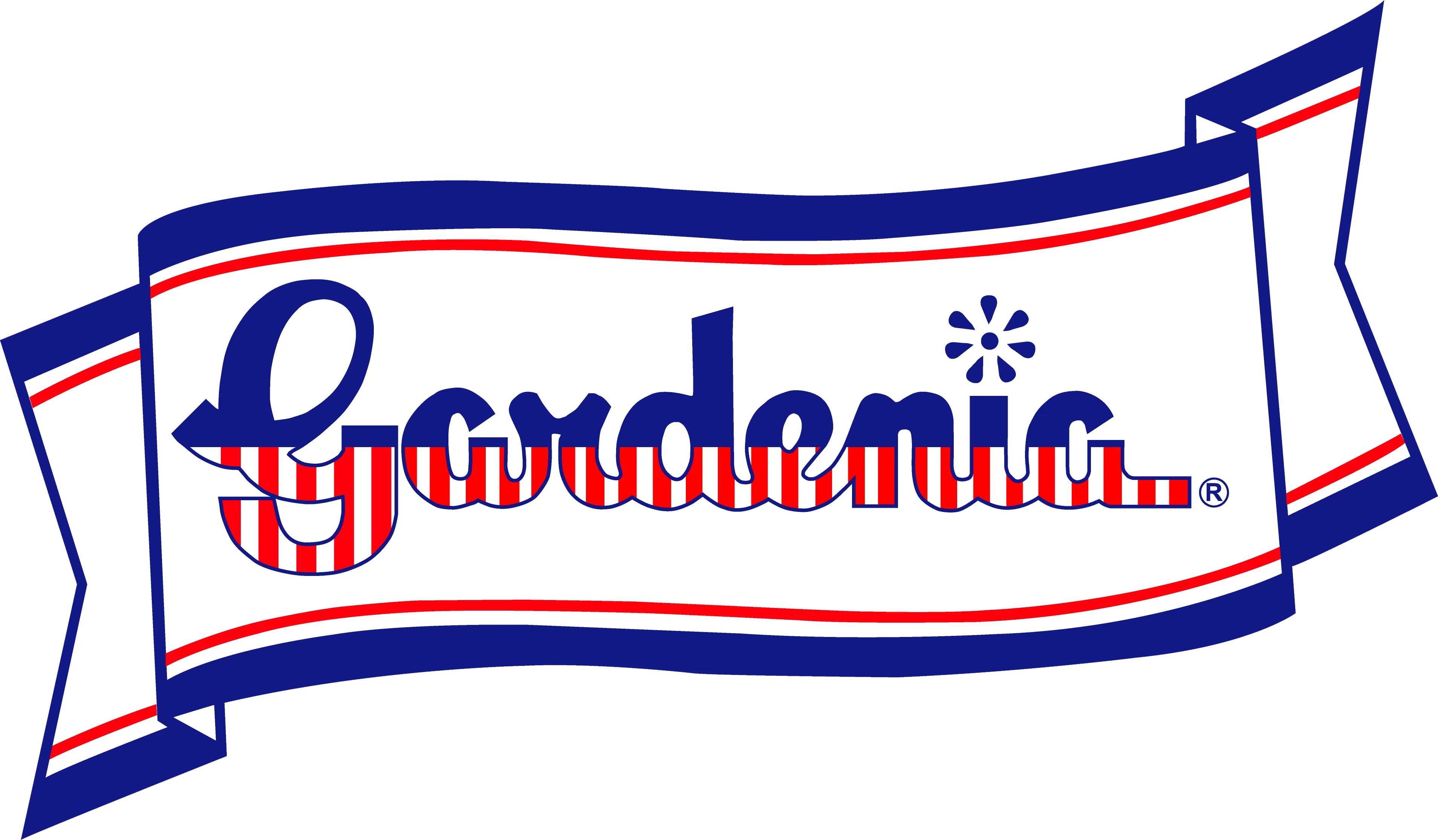 Gardenia logo with blue script text over red and white stripes inside a white banner with blue and red borders.