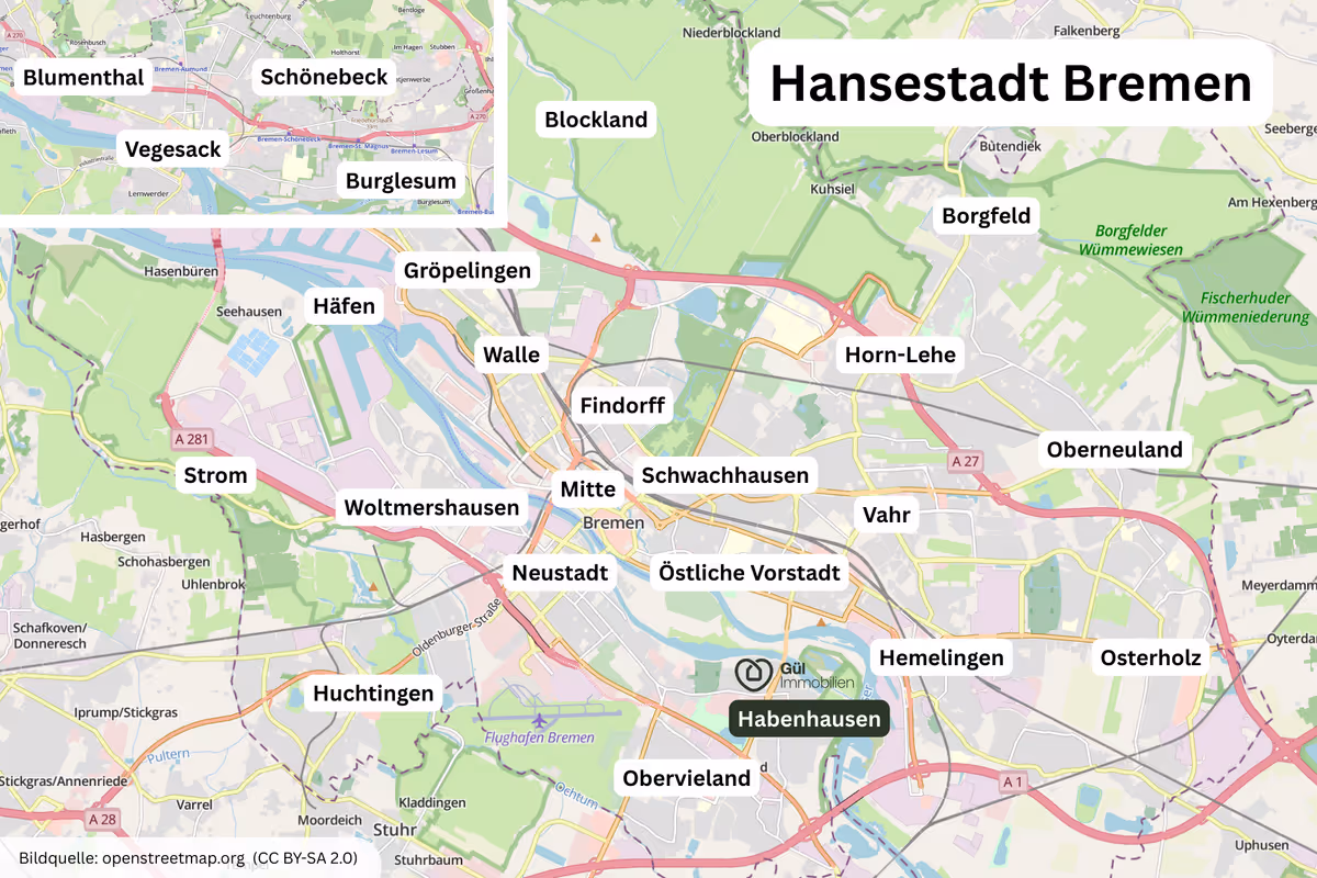 Karte der Hansestadt Bremen mit Stadtteilen wie Mitte, Neustadt, Östliche Vorstadt, Findorff, Schwachhausen, Habenhausen, und weiteren.