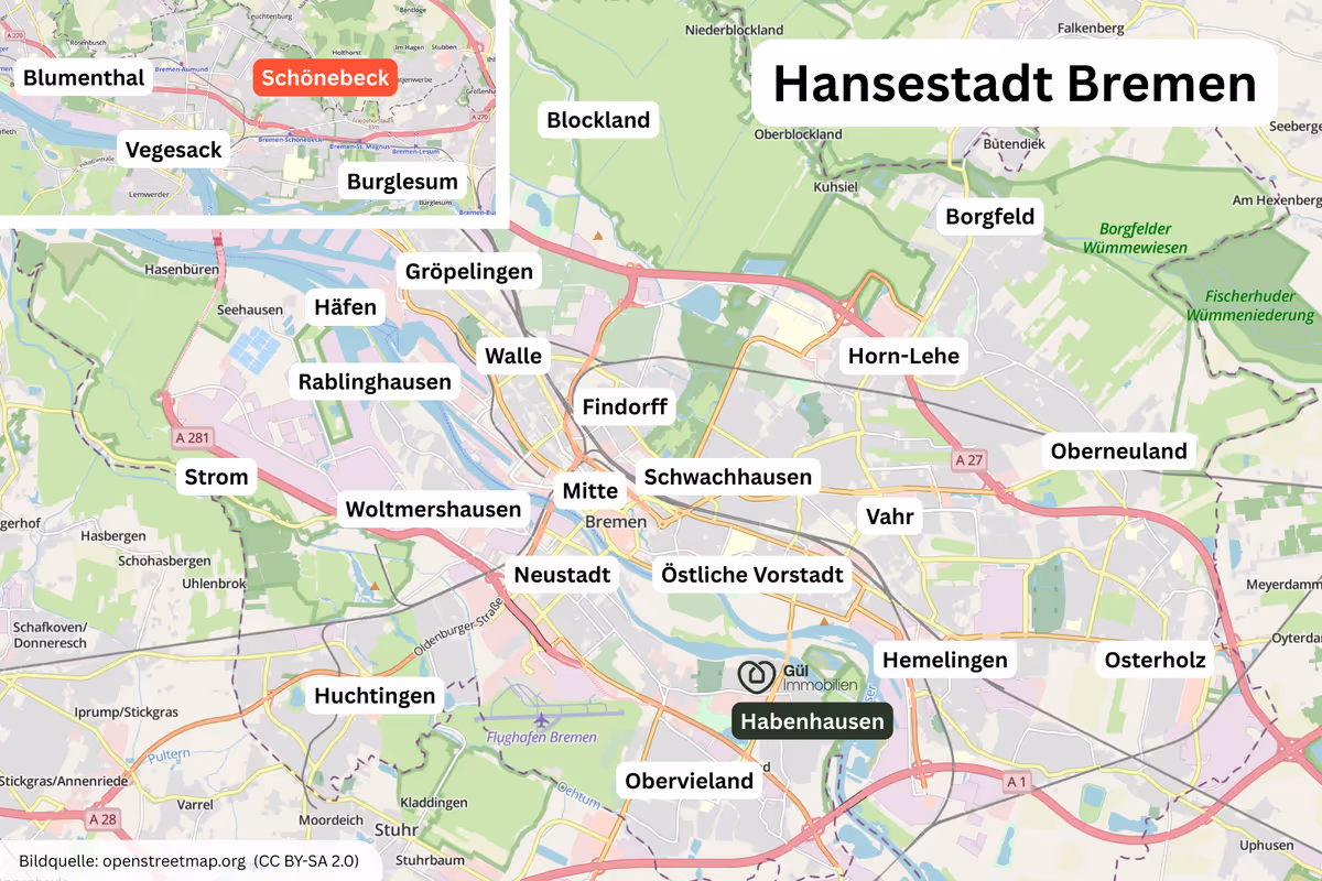 Karte von Hansestadt Bremen mit markierten Stadtteilen wie Mitte, Neustadt, Walle, Östliche Vorstadt, Habenhausen und weitere.