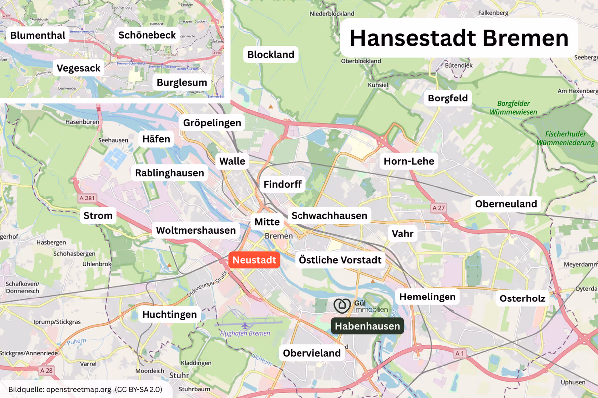 Karte von Bremen mit Stadtteilen wie Neustadt, Habenhausen, Walle, und Vegesack, hervorgehoben durch weiße Beschriftungen.