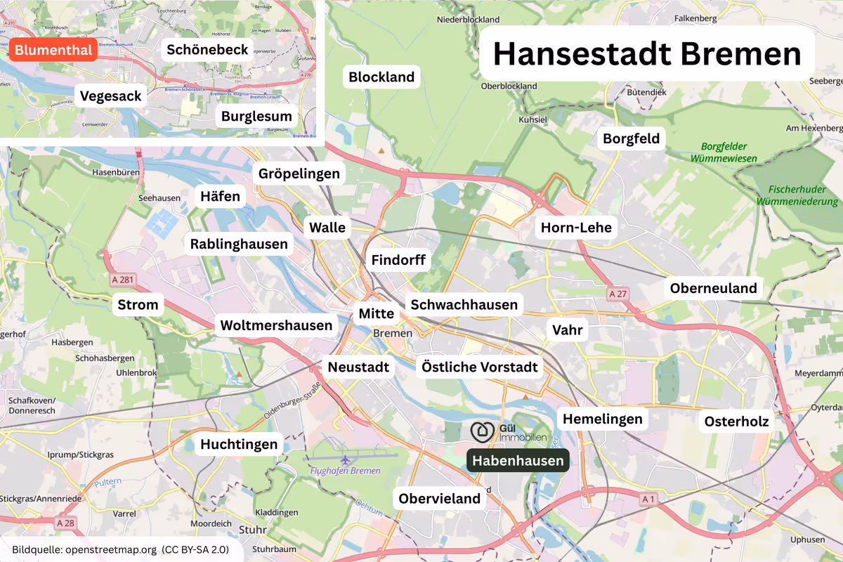 Karte der Hansestadt Bremen mit hervorgehobenen Stadtteilen wie Blumenthal, Vegesack, Mitte, Neustadt, Habenhausen und anderen.