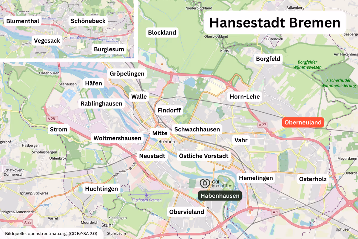 Karte der Hansestadt Bremen mit hervorgehobenen Stadtteilen wie Oberneuland, Habenhausen, Findorff und Neustadt.