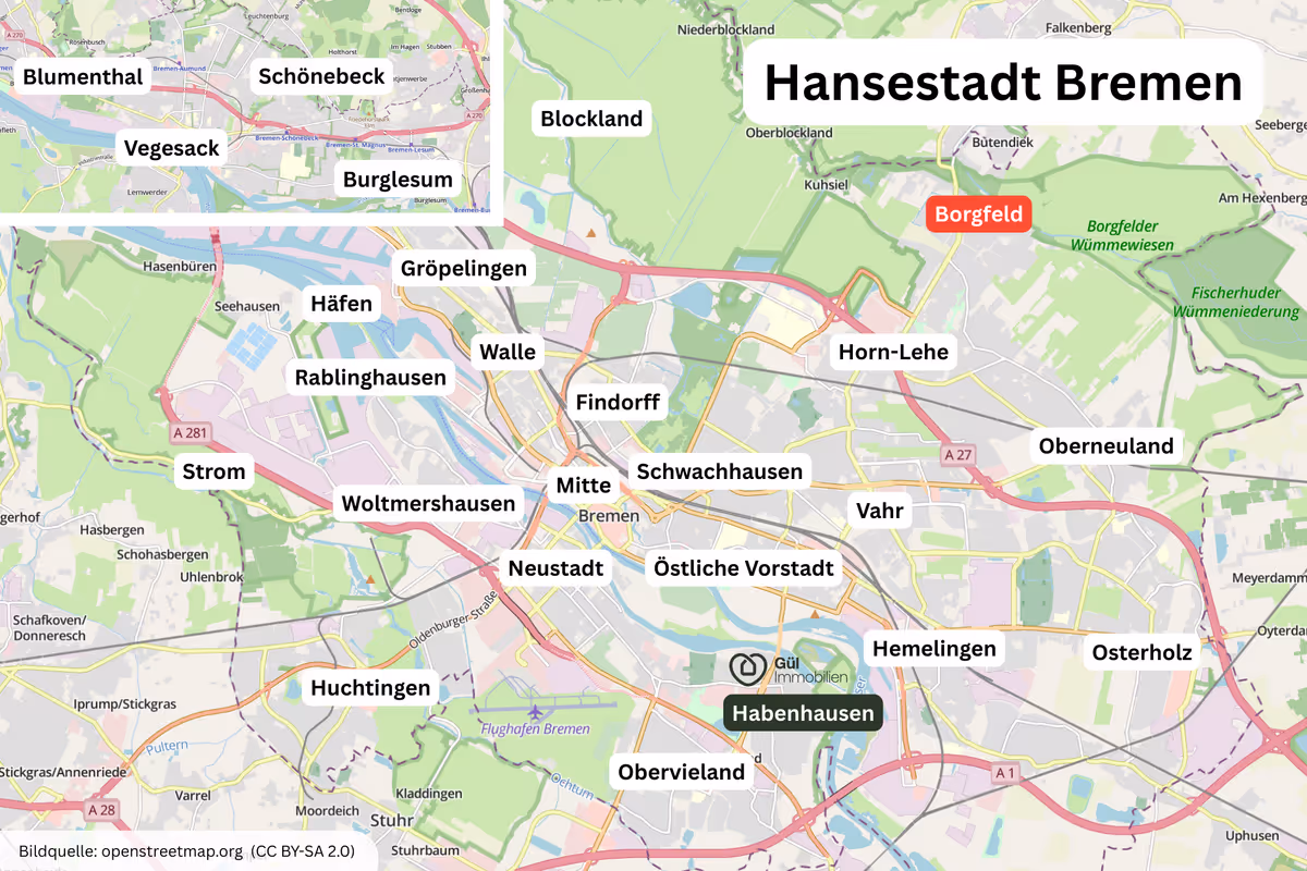 Karte der Hansestadt Bremen mit hervorgehobenen Stadtteilen wie Borgfeld, Habenhausen, Östliche Vorstadt und Neustadt.