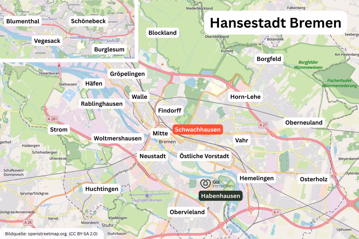 Karte der Hansestadt Bremen mit verschiedenen Stadtteilen wie Schwachhausen hervorgehoben in Rot und Habenhausen in Dunkelgrün.