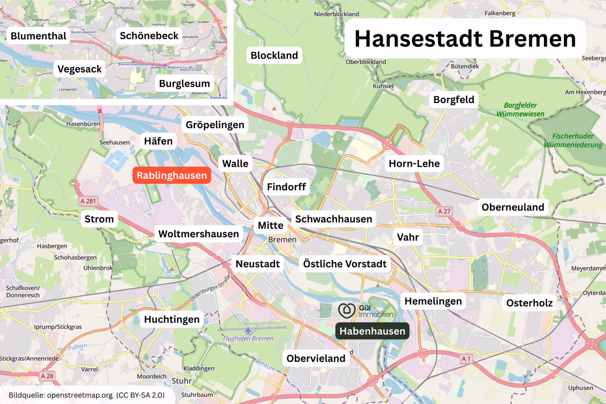 Karte der Hansestadt Bremen mit hervorgehobenen Stadtteilen Rablinghausen und Habenhausen sowie anderen Stadtteilen und wichtigen Straßen.