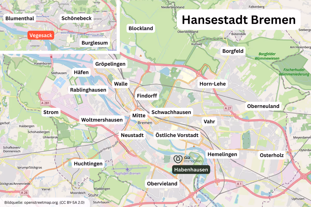 Karte von Bremen mit Stadtteilen wie Vegesack, Blumenthal, Mitte, Neustadt, und Habenhausen, inklusive Autobahnen und umliegenden Gebieten.