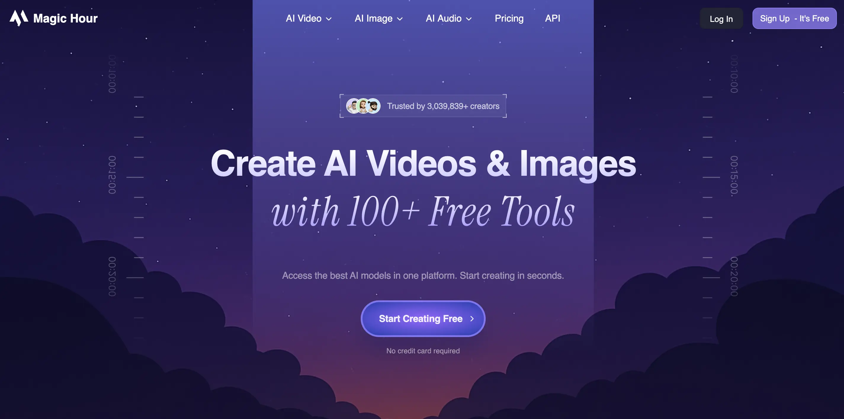 Magic Hour AI video creation platform homepage featuring purple gradient background and 100+ free AI tools for content creators