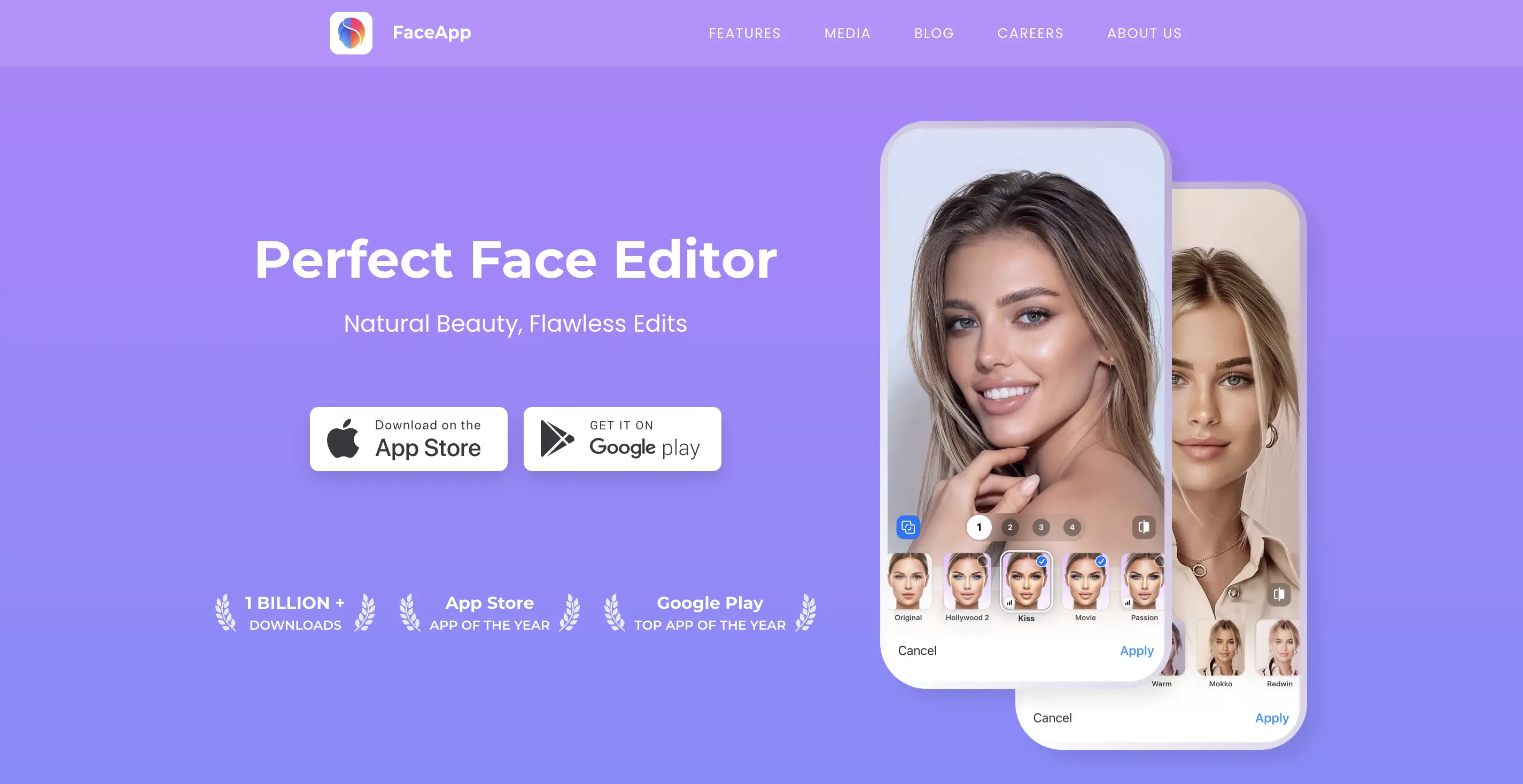 FaceApp perfect face editor interface showing AI beauty filters and transformation options on mobile device