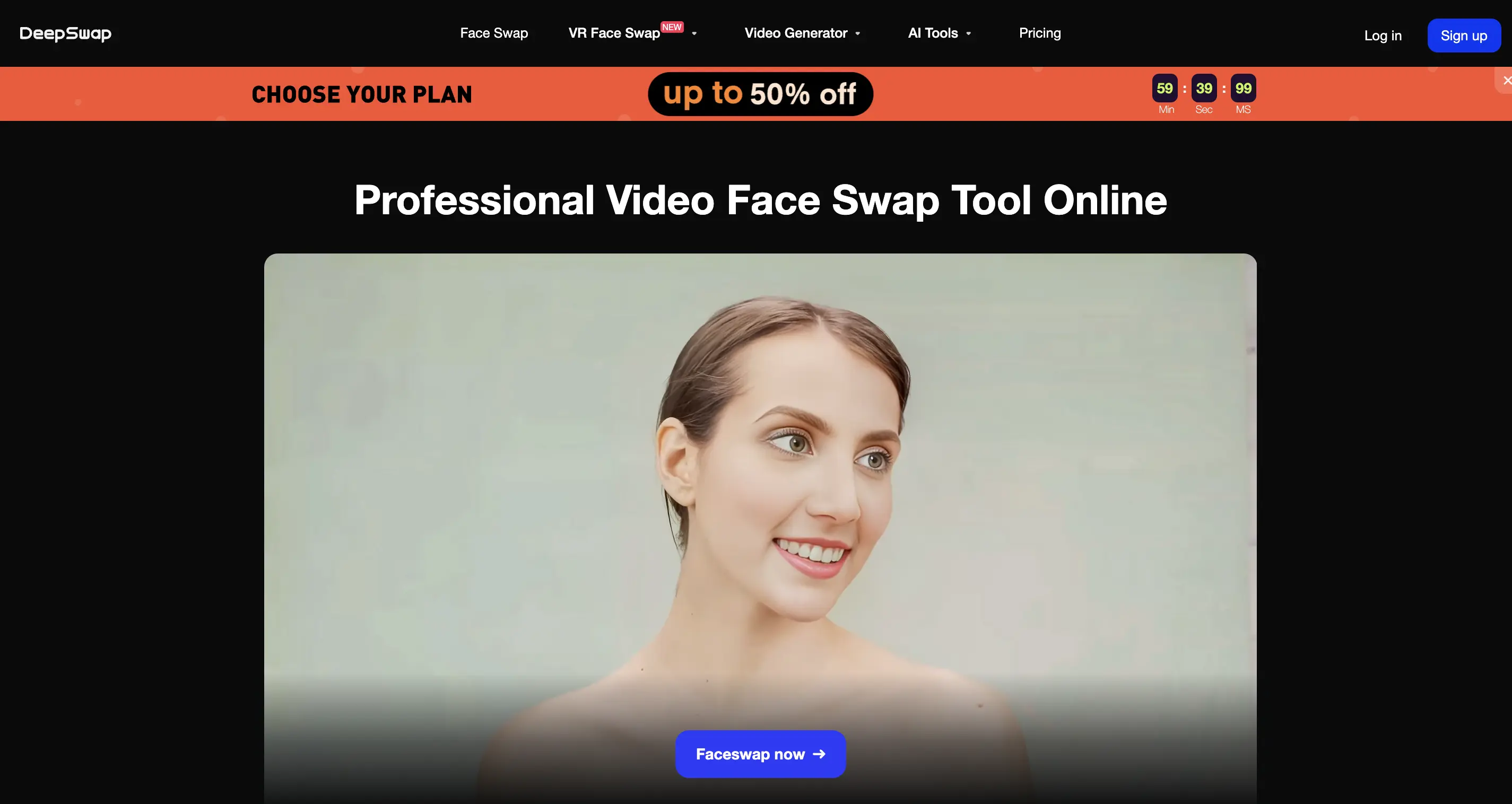 DeepSwap professional video face swap tool interface with high-quality facial transformation example