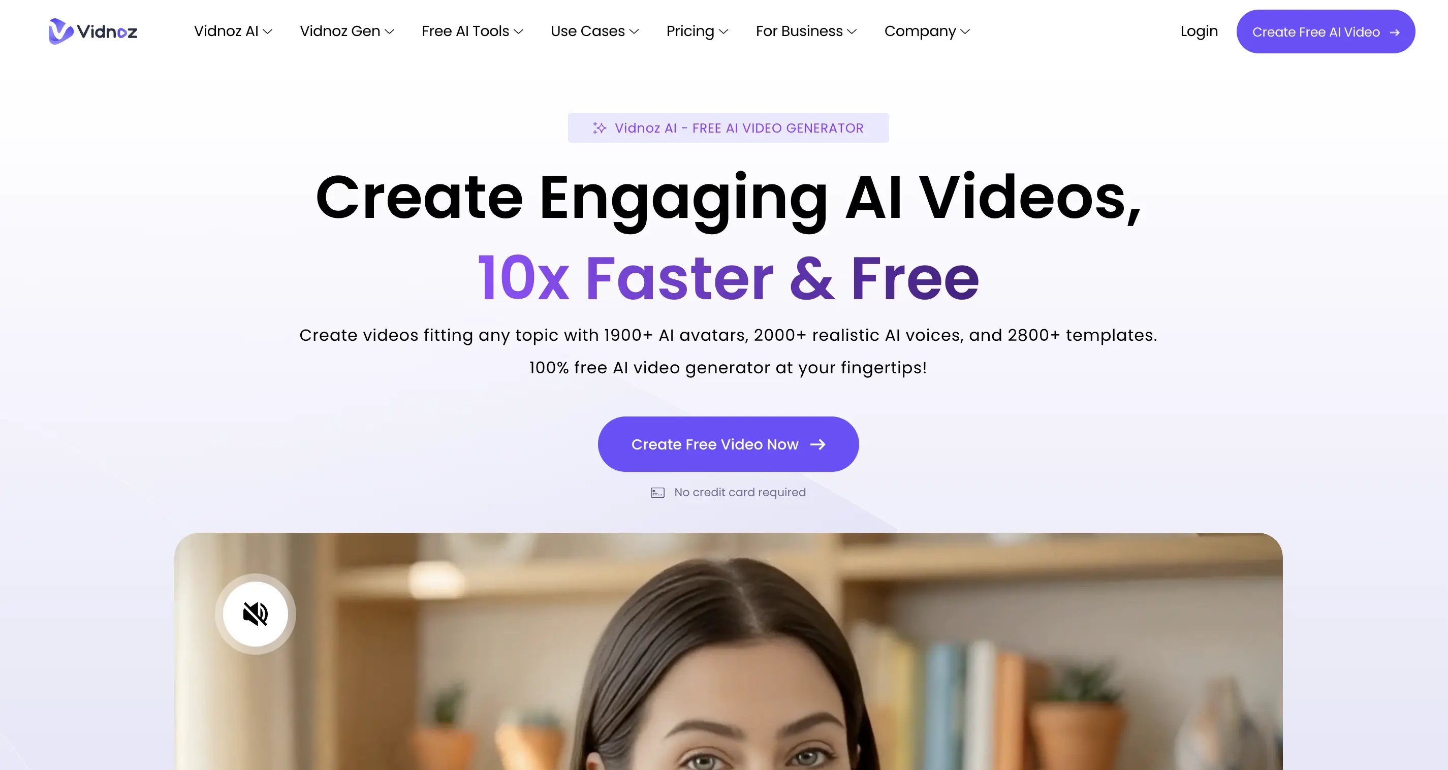Vidnoz AI video generator homepage advertising 10x faster free video creation with 1900+ avatars and templates