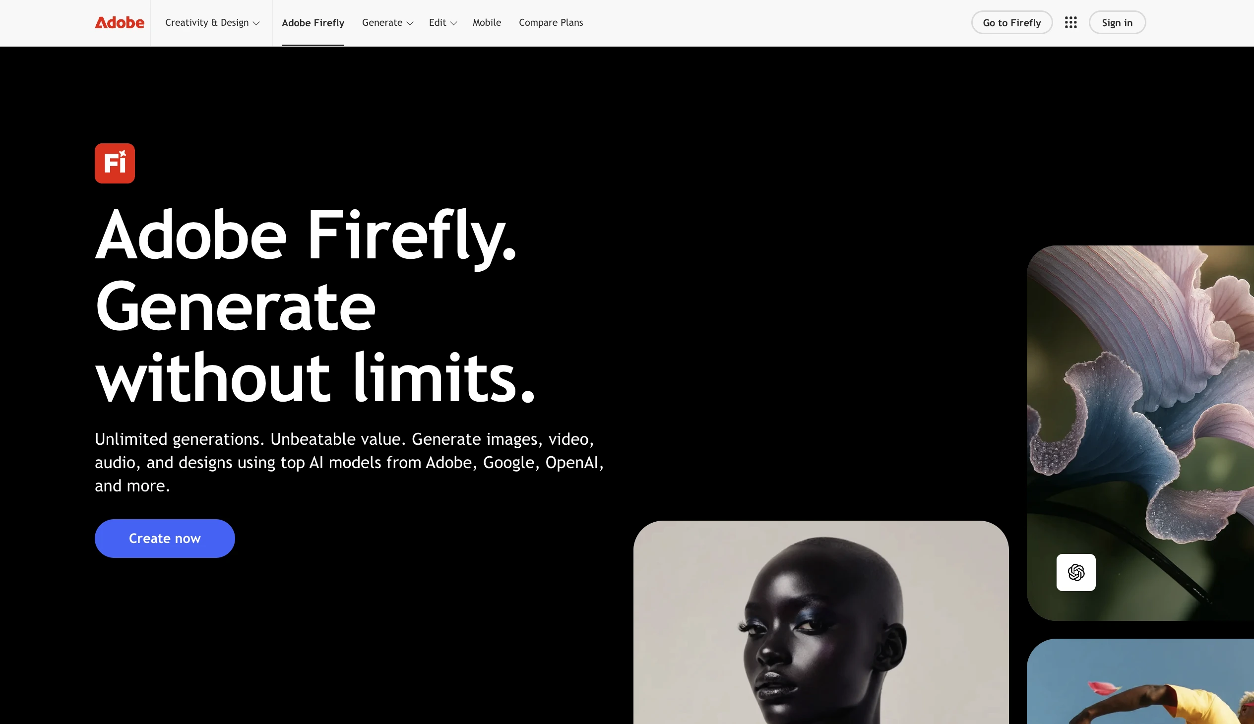 Adobe Firefly generative AI platform homepage advertising unlimited image, video, and design generation without limits