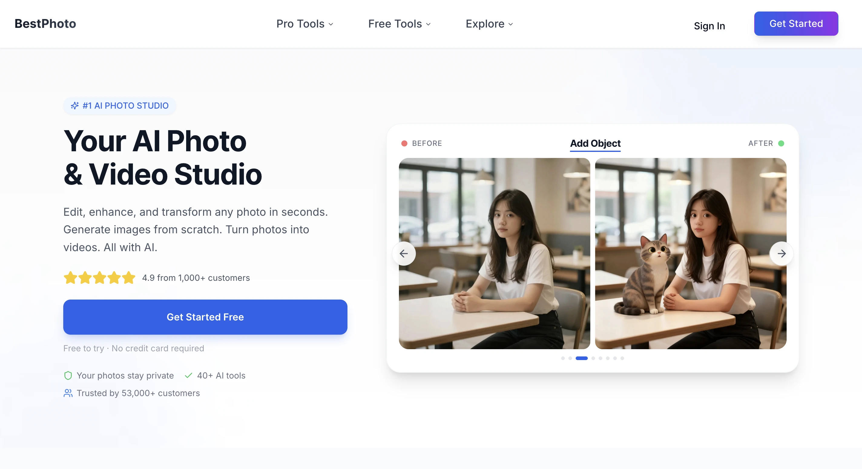 BestPhotoAI studio homepage displaying AI photo and video editing capabilities with before and after transformation