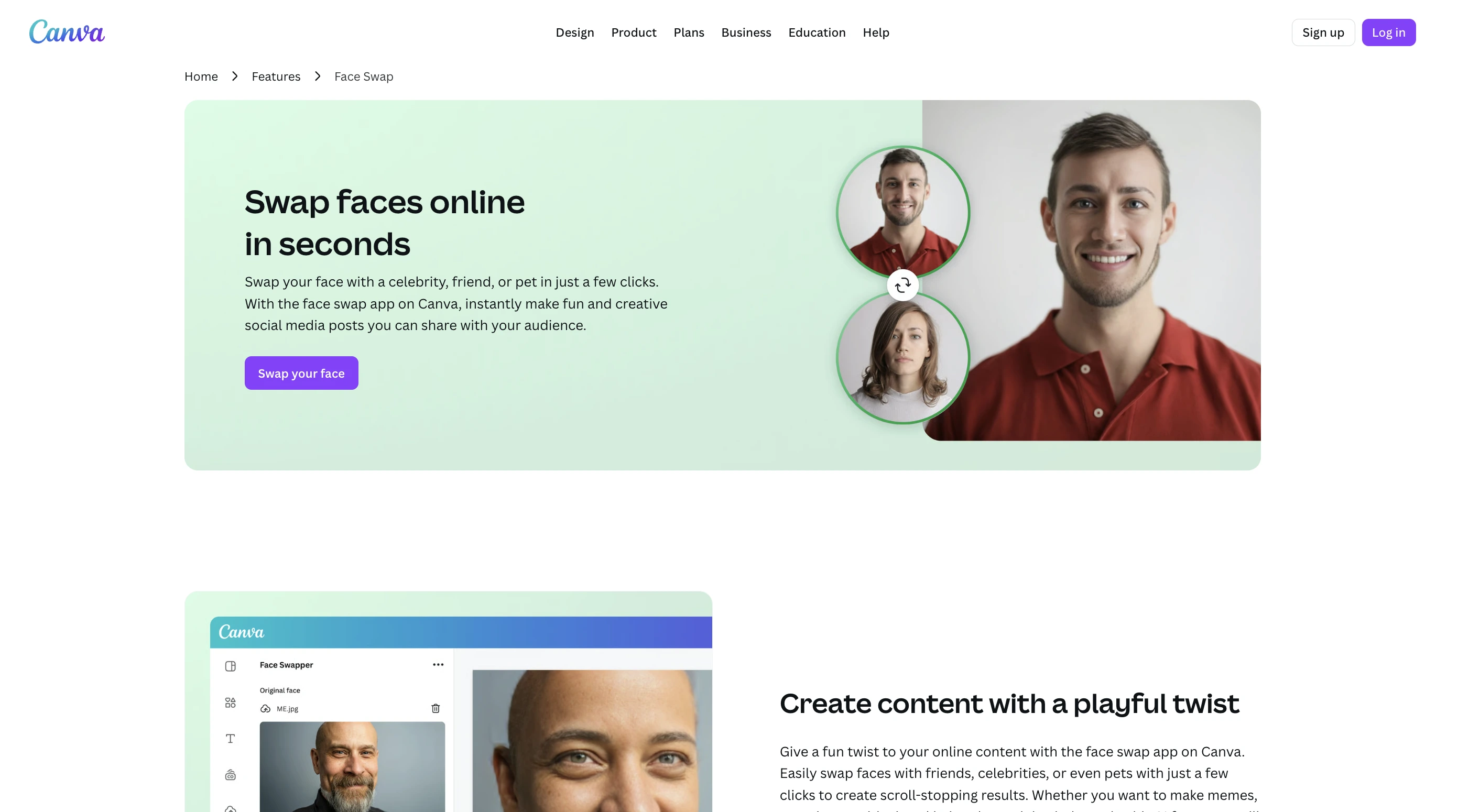 Canva face swap feature interface showing online face swapping in seconds with celebrity and friend photo examples