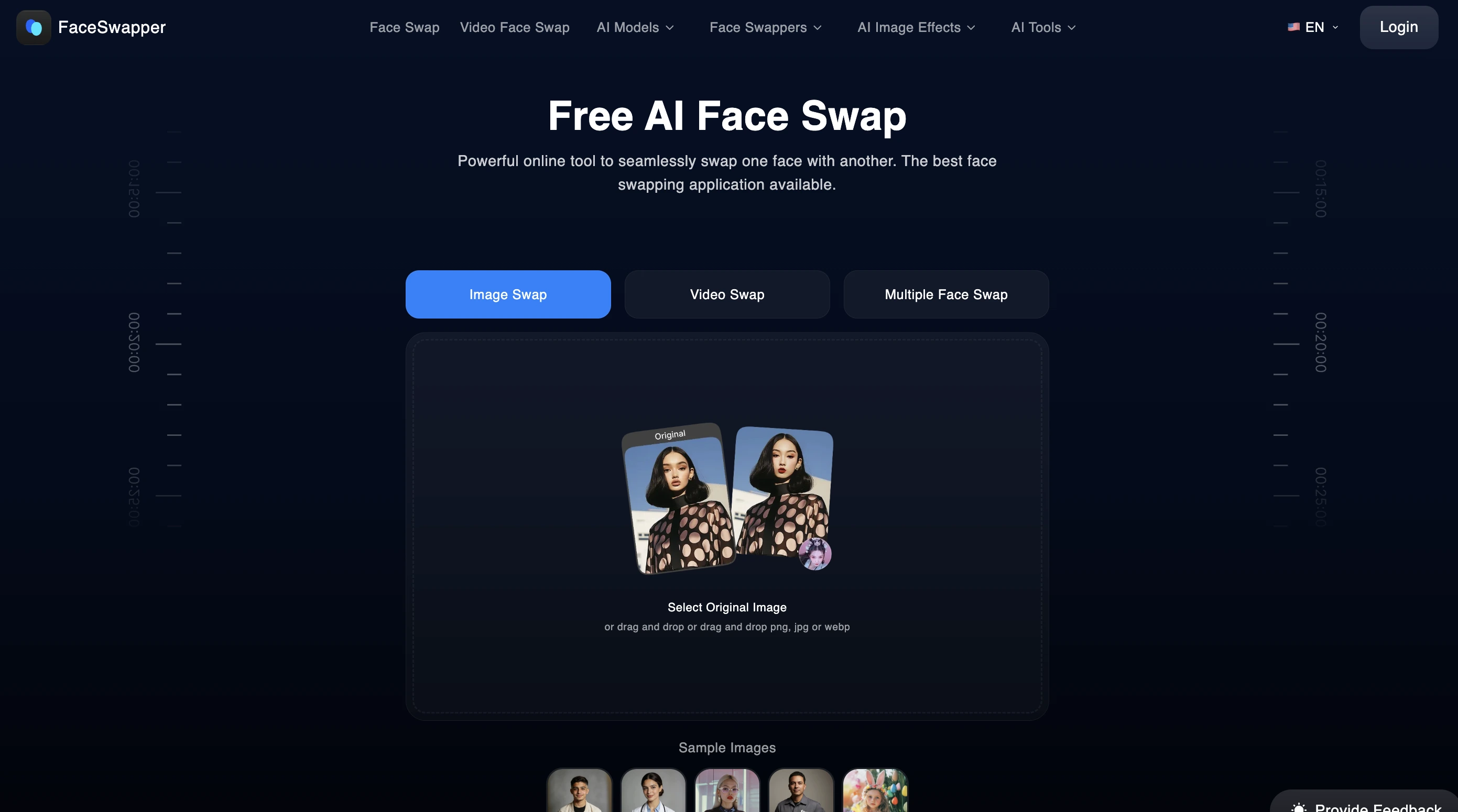 FaceSwapper.ai free online face swap tool interface with image upload feature and no signup requirement