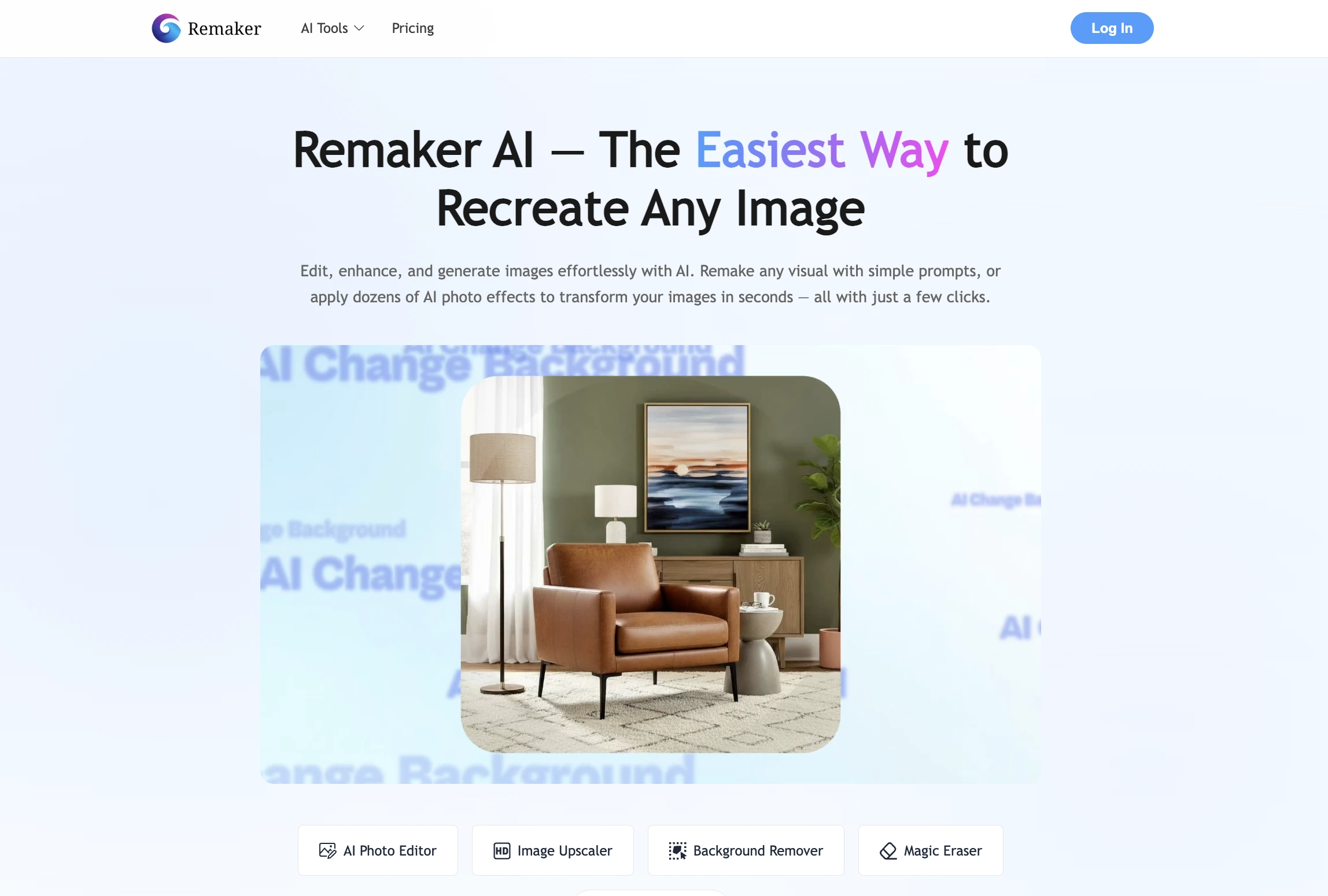 Remaker AI homepage featuring easiest way to recreate any image with AI photo editor and enhancement tools