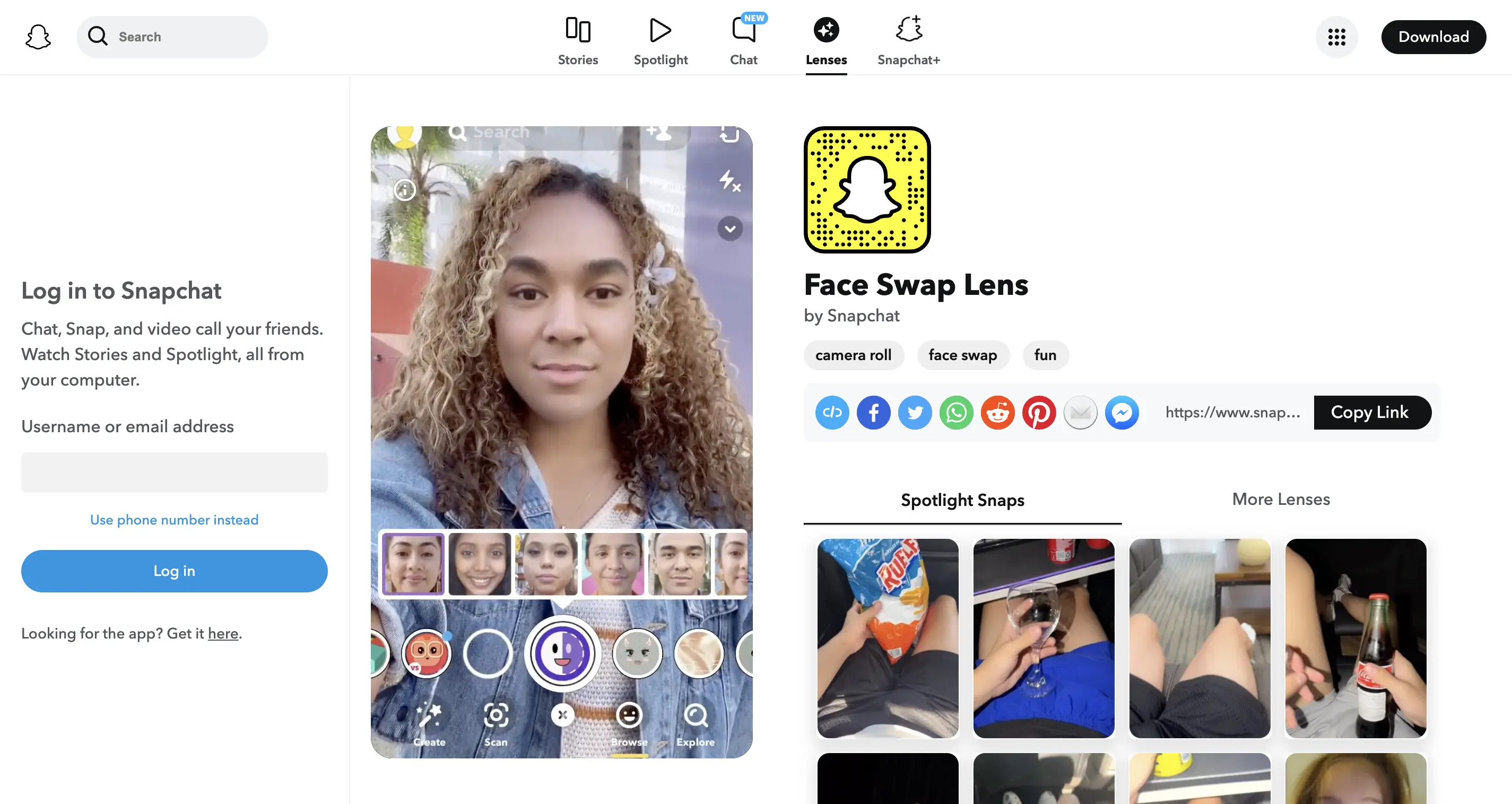 Snapchat Face Swap Lens interface showing real-time AR face transformation with multiple filter options and spotlight snaps