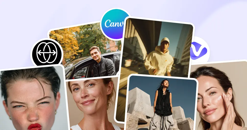 Collage of diverse portrait photos with Canva and design app logos showing various photography and editing styles