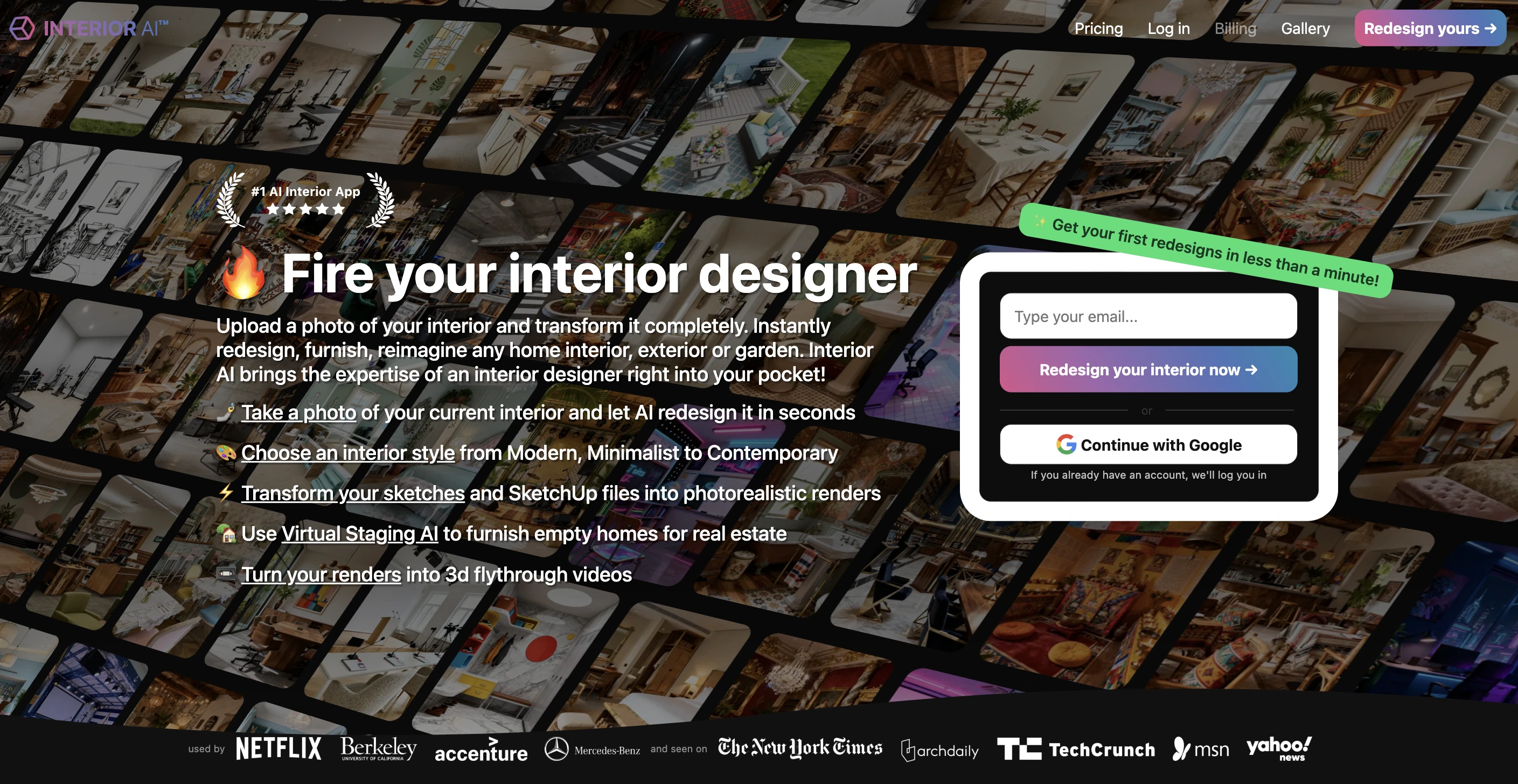 Interior AI app showing before and after room redesign with multiple design variations