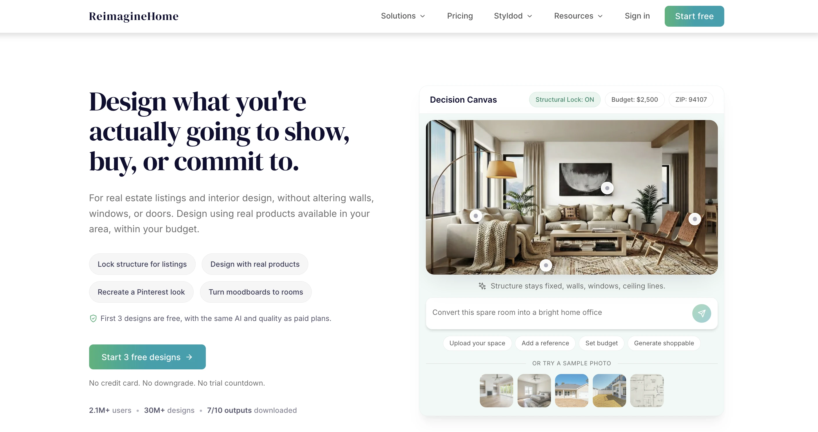 ReimagineHome decision canvas displaying modern living room design with budget and location settings