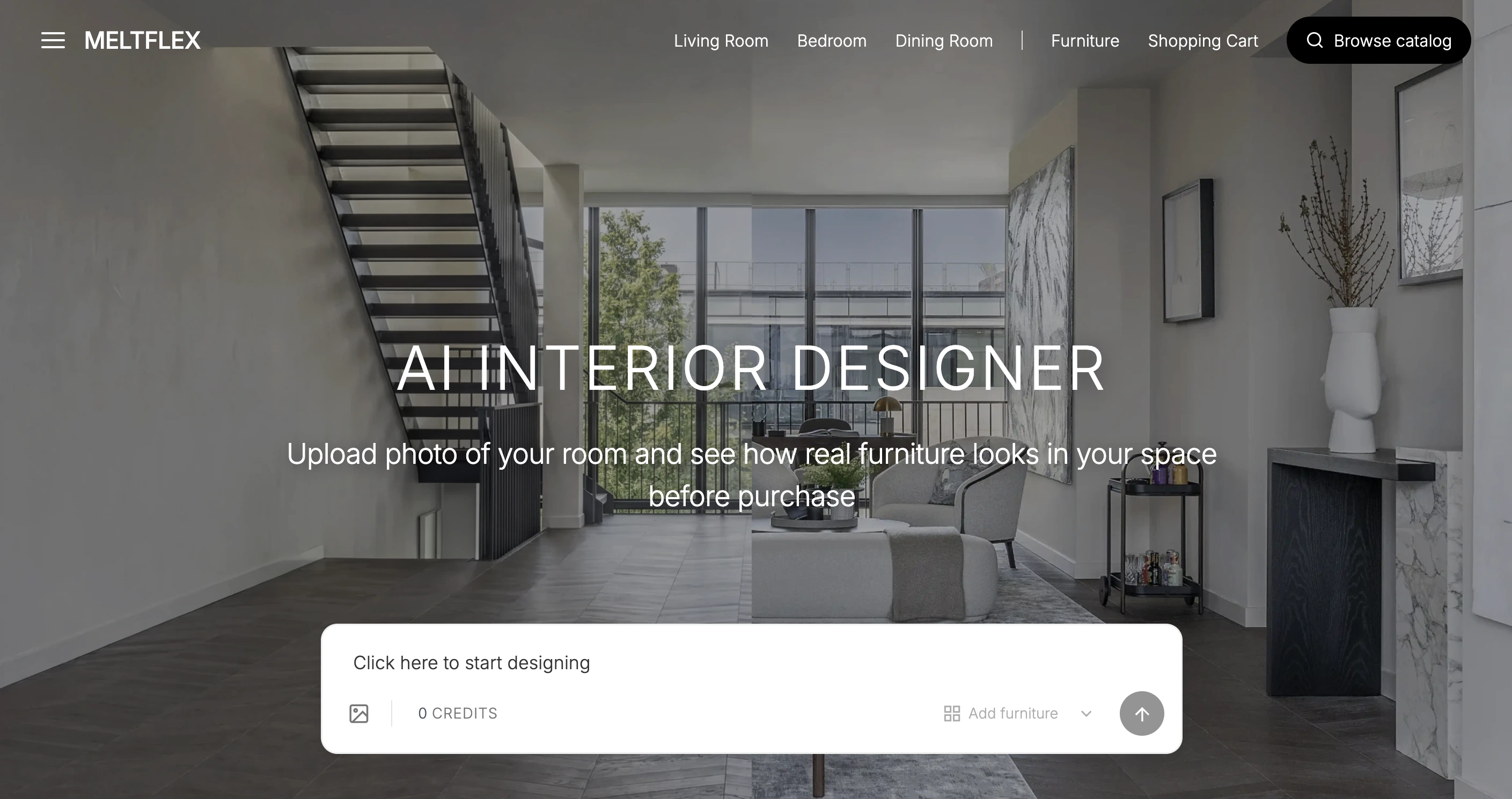 MELTFLEX AI interior designer showing modern living room with furniture catalog integration