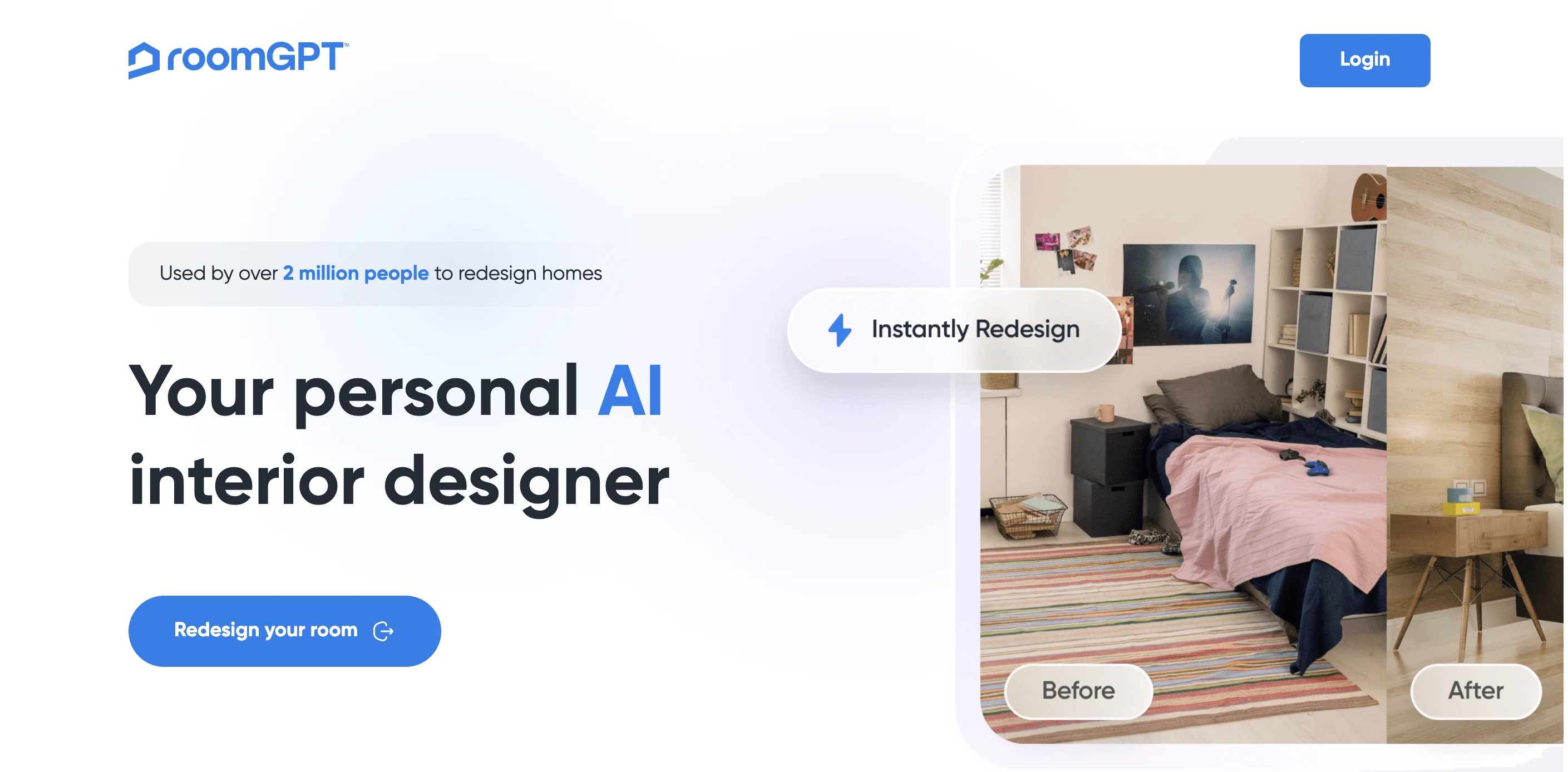 roomGPT bedroom transformation showing before and after AI redesign