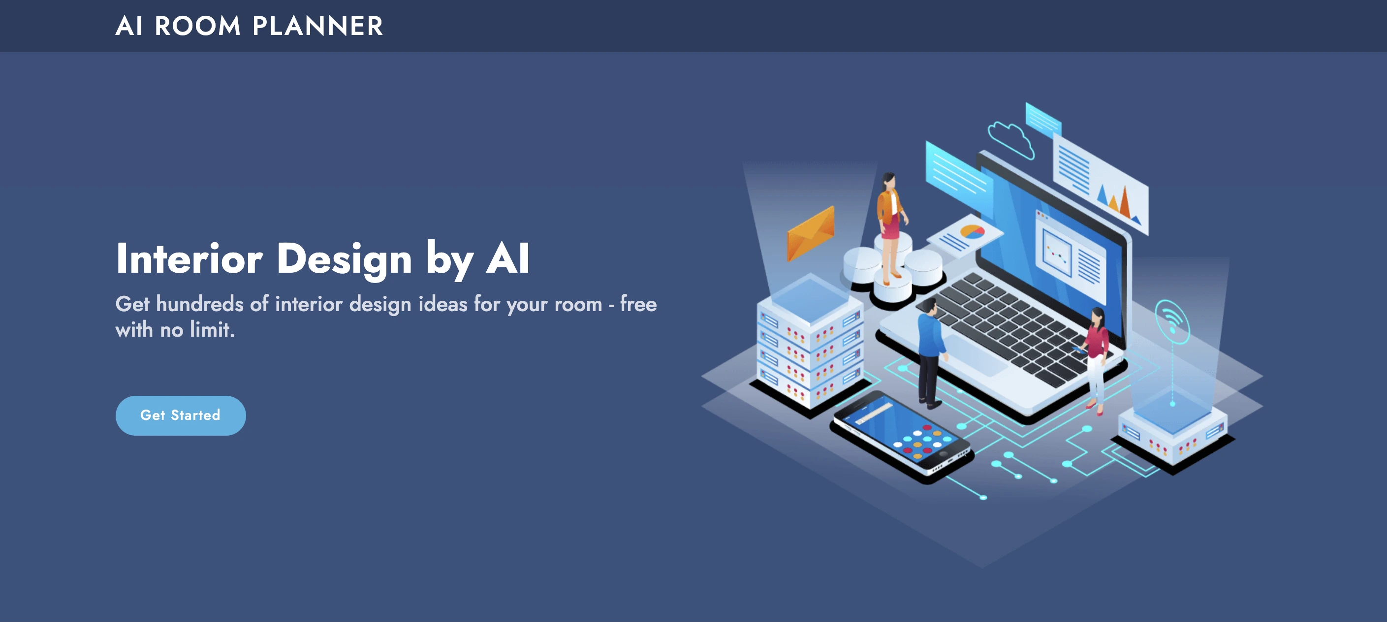 AI Room Planner isometric illustration of interior design workflow and digital tools