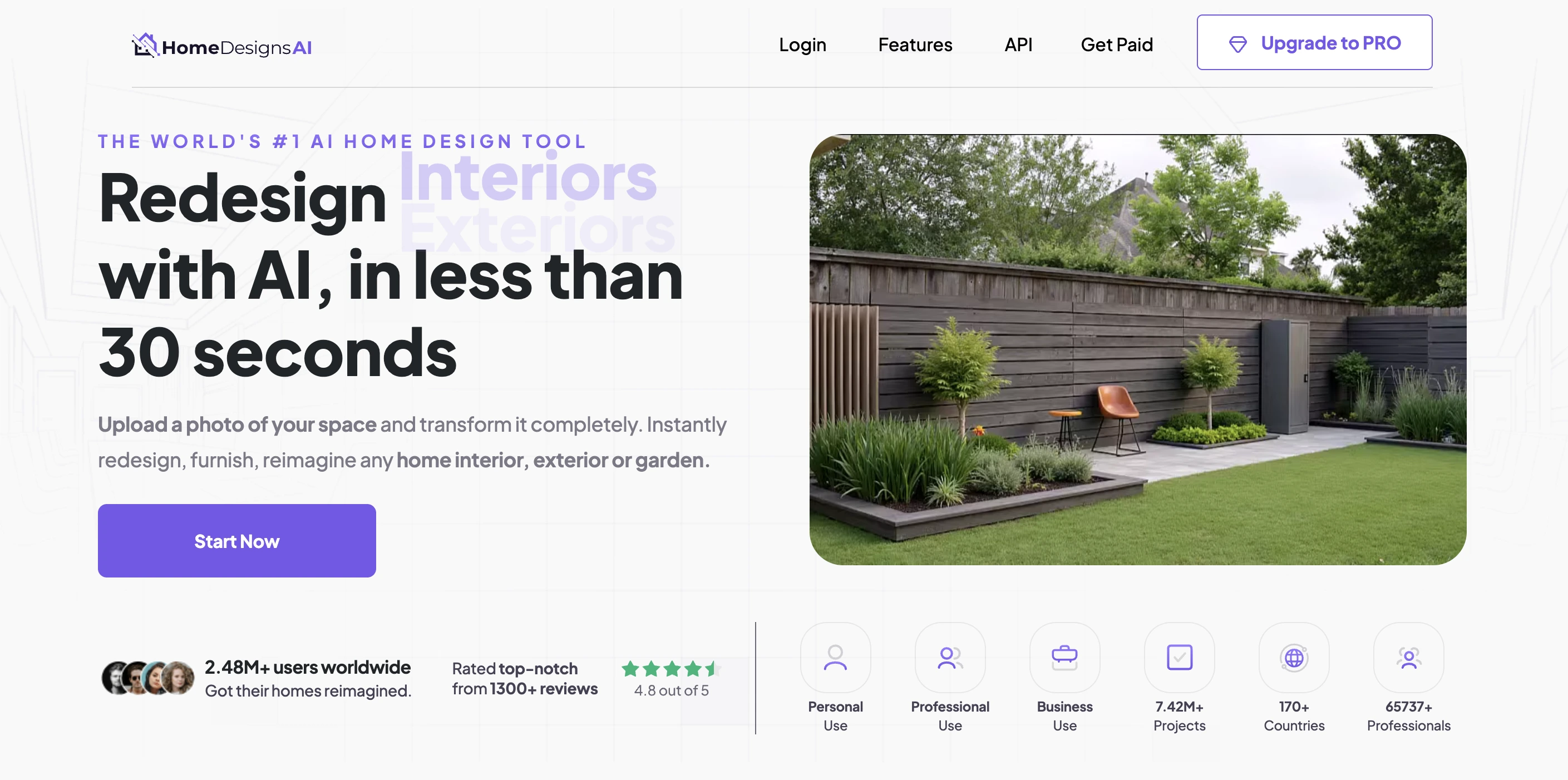 HomeDesignsAI homepage showing modern backyard garden design with wooden fence and landscaping