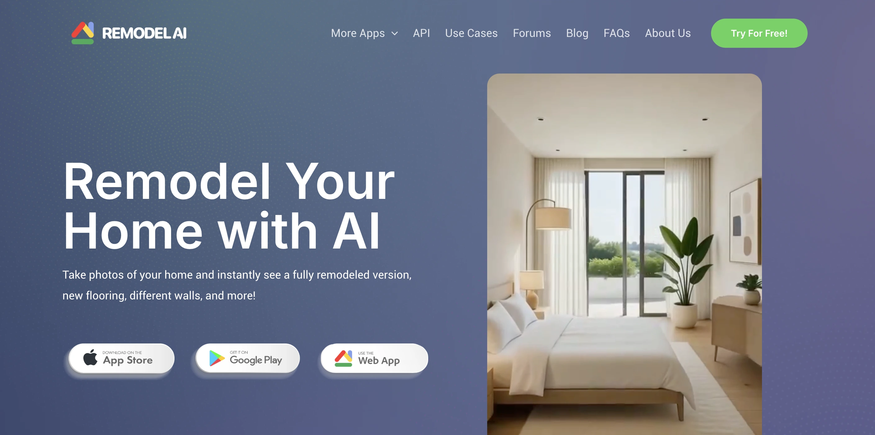 RemodelAI app showing minimalist bedroom remodel with large windows and natural lighting