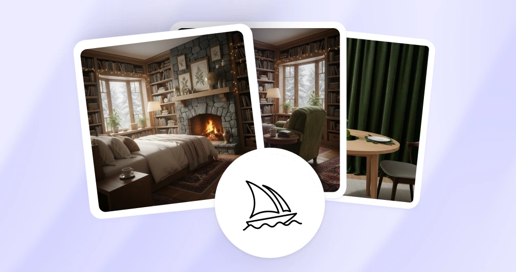 Three AI-generated room designs showing cozy library bedroom, reading nook, and dining area with green curtains